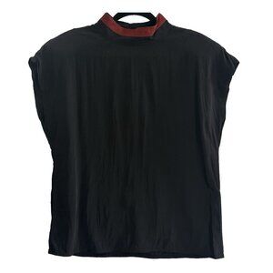 Vtg MARSHA BRANDER Women Short Sleeve Mandarin Collar Blouse Sz 12 Black HB-4